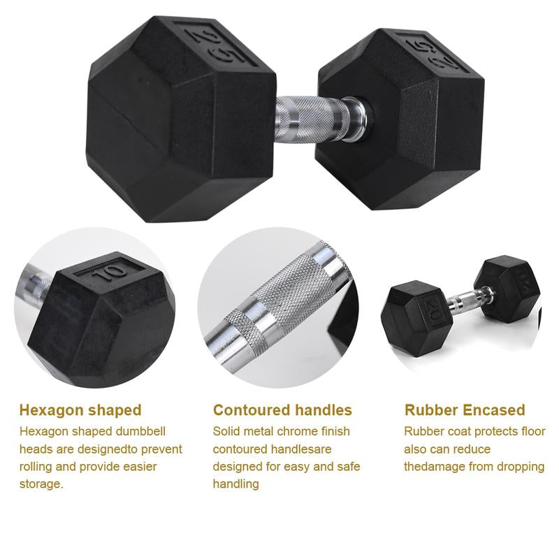 Hdrs-20Lb 1Pieces Rubber Coated Solid Cast Iron Dumbbell with Contoured Chrome Handle, Hexagon Head Redplatesgym